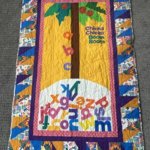 Alphabet Dreams handmade lavender weighted quilt for kids, 43x65 inches, 5 lbs, cotton cover with alphabet and tree design, lavender and flax seed fill.