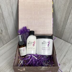Gardener’s Gift Box with lavender lotion, rosemary scrub, bug spray, and lavender sachet