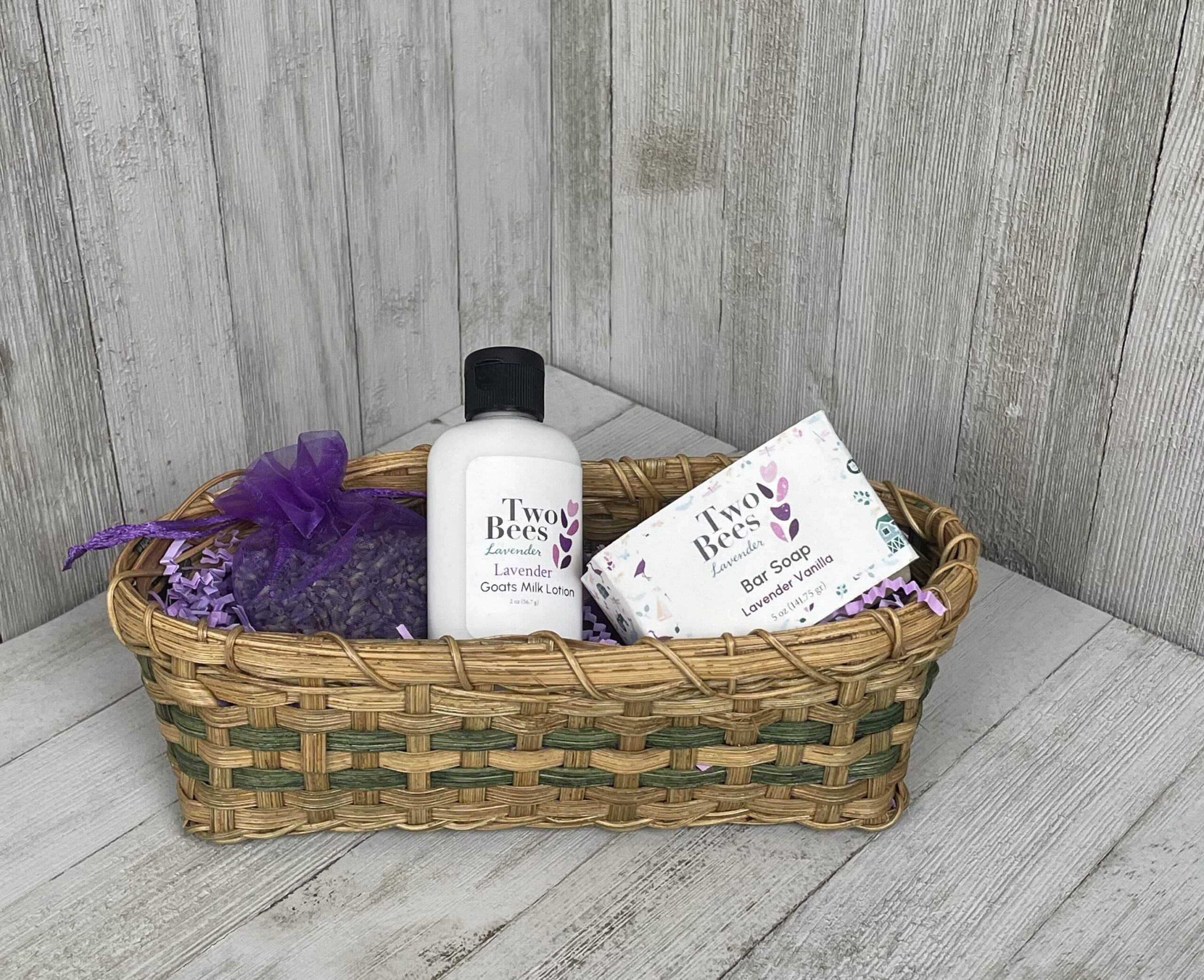 Lavender Vanilla Gift Basket with goat milk lotion, soap, and lavender sachet