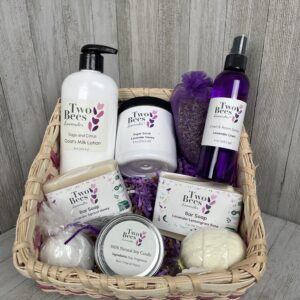 Pink Stripe Gift Basket with soaps, lotion, candle, bath bombs, sugar scrub, sachet, and room spray