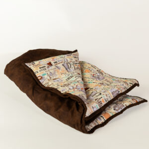 Morning Ritual handmade lavender weighted lap quilt, 32x32 inches, 4.5 lbs, coffee print cotton cover with brown plush backing and flax seed duvet.